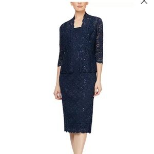 Navy blue floral lace sparkle midi dress with lace cardigan set never worn